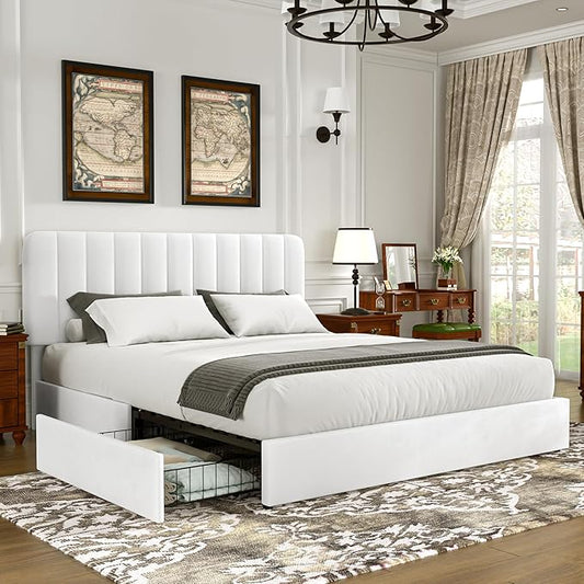 VECELO Full Size Upholstered Bed Frame with 4 Drawers and Headboard, Velvet Platform Storage Bedframe, Wooden Slats Support, No Box Spring Needed,Snow-White