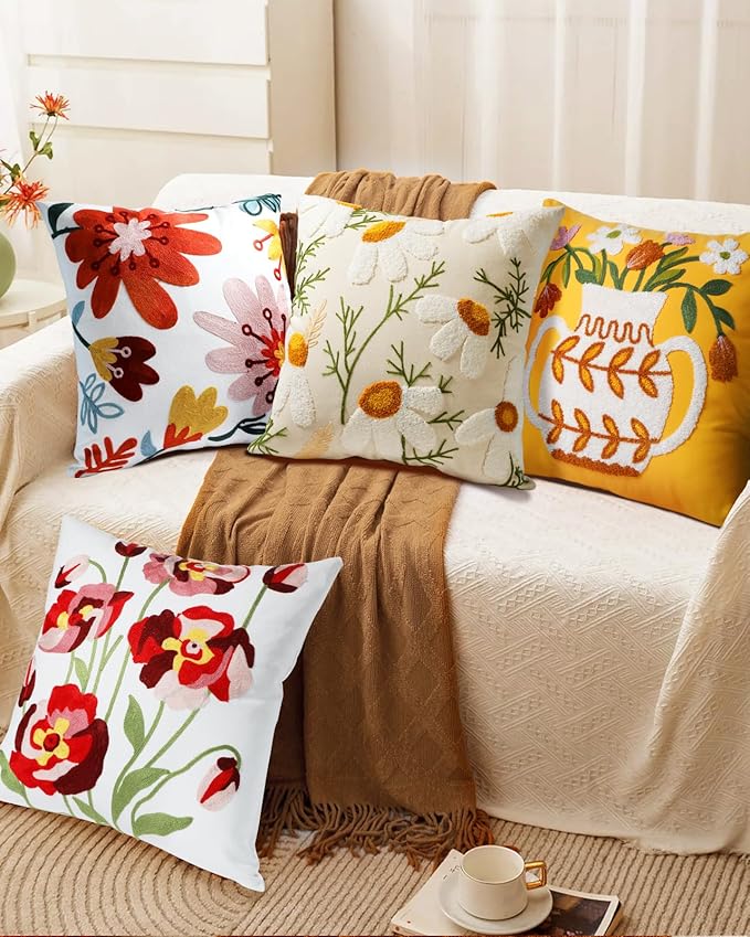 Embroidered Throw Pillow Cover - 18x18 Decorative Pillow Cover with Zipper Aesthetic Cute Design Boho Spring Summer Cozy Throw Pillowcase for Living Room Couch Sofa Bed, Rose Flowers