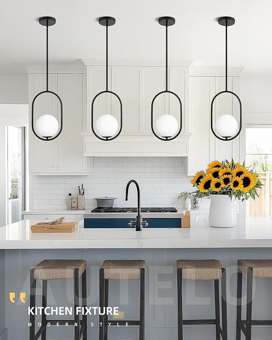 AUTELO Matte Black 1 Light Pendant Lights Kitchen Island, Mid Century Modern Light Fixtures with Milky White Globe Glass, Black Hanging Lamp for Kitchen Island H9376 MGBK