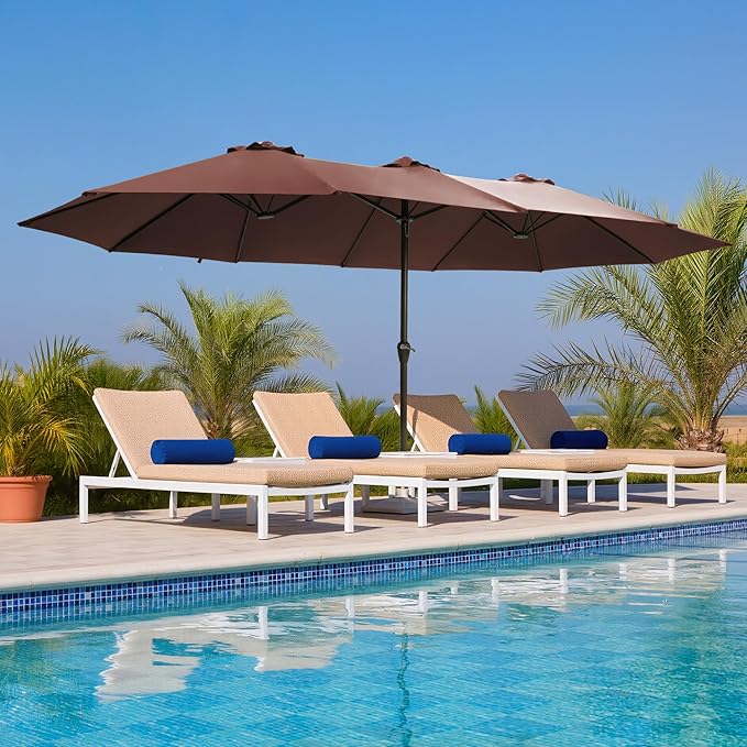 Ayge 15FT Patio Umbrella with Base,Large Outdoor Double-Sided Rectangle Umbrella with Crank Handle, Market Umbrella for Poolside Garden Deck Backyard Beach Pools,Brown