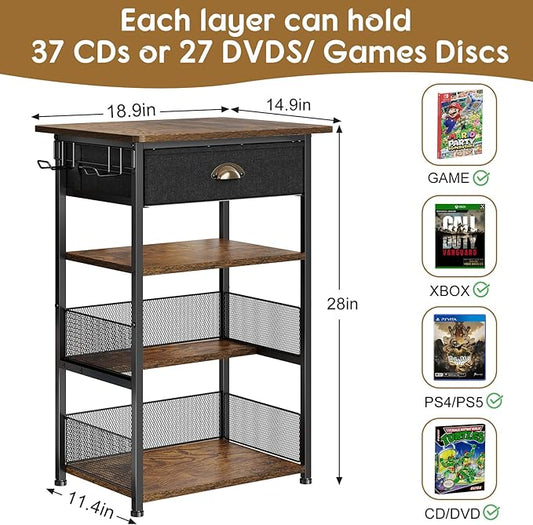 4-Tier AV Media Stand with Drawer, Video Game Console Shelf with 2 Hooks, Audio Rack Tower Perfect for/Xbox/ PS5/Switch/Game Consoles/DVD/Record Player/Projector/Sky Box/TV Accessories
