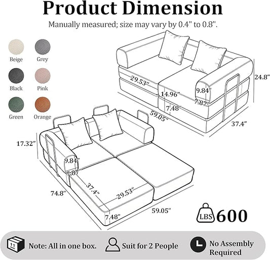 Convertible Compressed Corduroy Folding Cloud Sofa Bed, 59'' Modern Boneless Pull Out Loveseat Sleeper in a Box, 5 in 1 Floor Mattress Futon Cloud Couch, No Assembly Needed, Dark Grey, Pillows, Queen