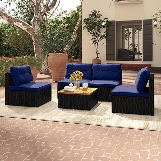 Tangkula 5 Piece Rattan Sofa Set, Outdoor Wicker Furniture Set w/Seat & Back Cushions, Square Coffee Table, Patio Sofa Set for Backyard, Poolside (Navy)
