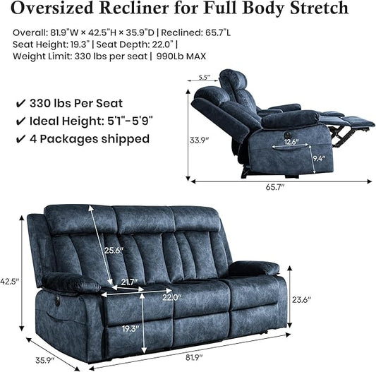 GUEAPY Oversized 3-Seater Electric Reclining Sofa with Massage & Heat, USB & Type-C Ports, Foldable Tray Table, Cup Holders, Storage Pockets, Velvet Recliner Couch for Living Room, 81.9" Wide