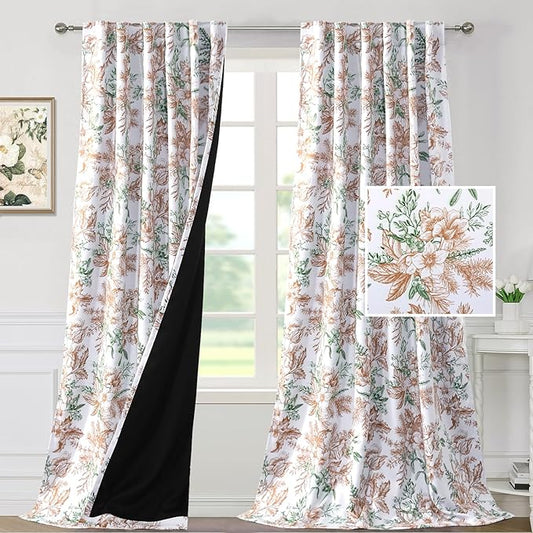 H.VERSAILTEX 100% Blackout Curtains for Bedroom Vintage Floral Curtains 108 Inches Long Back Tab/Rod Pocket Curtains & Drapes Thermal Curtains Window Panels with Black Liner 2 Panels, Caramel/Moss