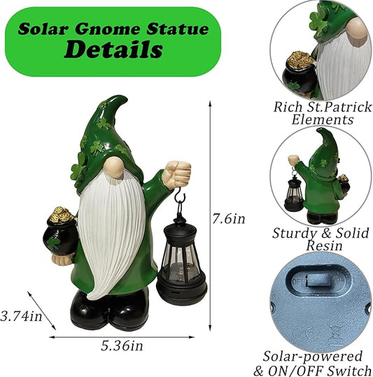 St Patrick's Day Gnome Decorations Outdoor, Solar Leprechaun Decor with Pot of Gold, Resin Figurine with Shamrocks & Solar Light for Garden Patio, Gift Luck and Fortune