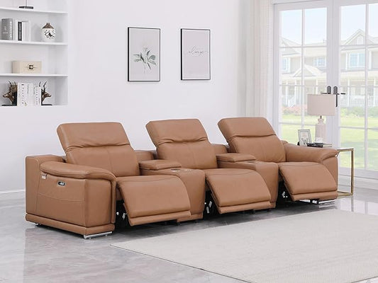 BlackJack Furniture Venice Top Grain Italian Leather Power Recline 5 Piece Sofa - 134" Theater Seating Modern Couch for Living Room Apartment Lounge Home with Adjustable Headrests & USB Port, Cognac