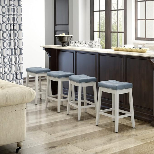 COSTWAY Bar Stools Set of 4, 24-Inch Height Backless Counter Stool with Footrest, Soft Seat Cushion, Wood Legs and Non-Slip Foot Pad, Saddle Stools for Home Kitchen Living Room, Stone Gray+White