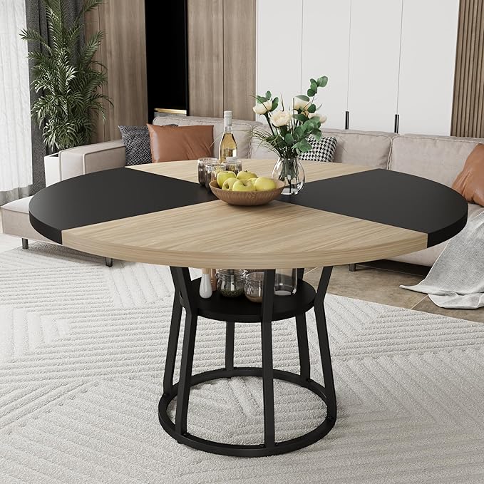 Garvee Round Dining Table for 4-6, 42" Farmhouse Kitchen Table with Storage, Circle Dinner Tables for Kitchen, Dining Room, Living Room, Meeting Room, Apartment