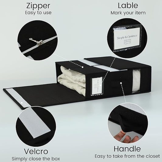 Simple&Opulence 4 Pack Bed Sheet Organizers and Storage, Linen Closet Organizers, Sheets Set Folder Storages with Window and Label (Queen/King Size) Organizing Bedding Container, Black