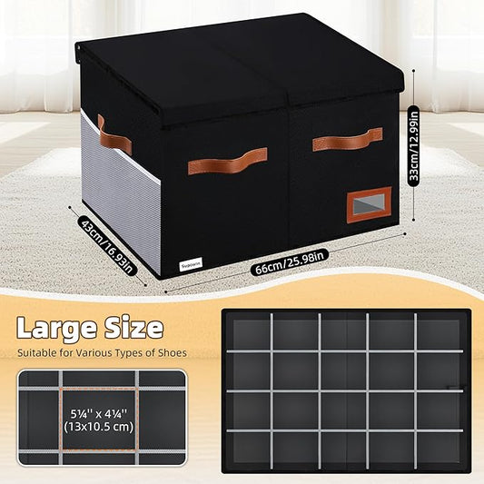 Shoe Organizer for Closet, Foldable Shoe Storage Bins with Lid & Adjustable Dividers, Fabric Shoe Box Storage Containers with Four Reinforced Handles, Fits 20 Pairs, 1 Pack, Black