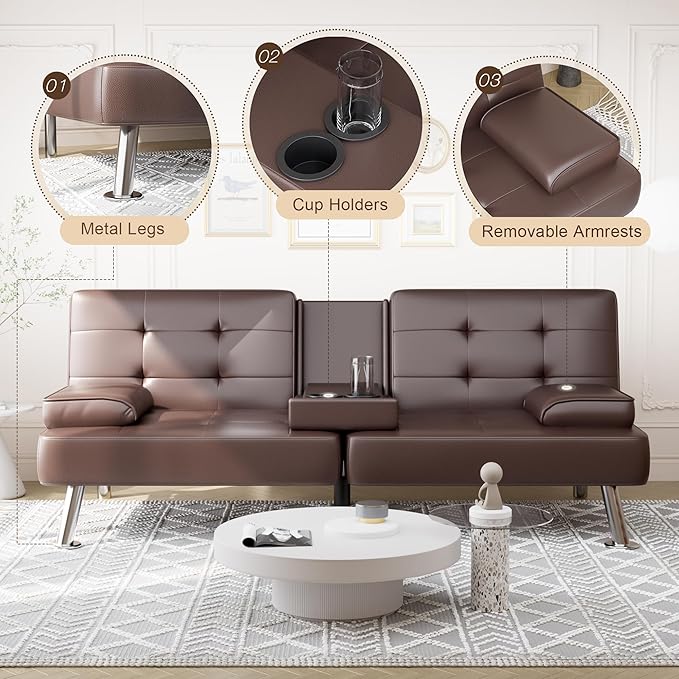 Shahoo Convertible Folding Futon Sofa Bed Sleeper Couch for Living Room Faux Leather Upholstered Loveseat w/Removable Armrests, Metal Legs, 2 Cup Holders, Brown
