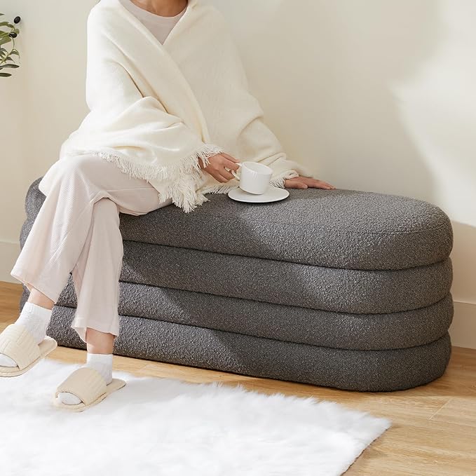Boucle Storage Ottoman Bench for Bedroom 49.2 Inch Upholstered Modern Bedroom Bench with Storage Oval Large End of Bed Bench with Storage for Living Room, Entryway(Gray)
