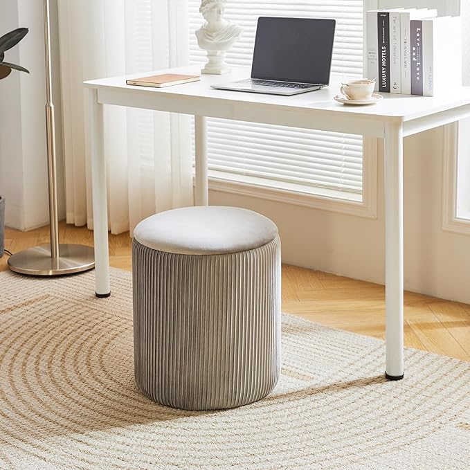 IBUYKE Round Ottoman with Storage Set of 2 Boucle Ottoman End Table for Living Room Vanity Stool Velvet Footrest Stool Bar Stool Grey UWBD005G