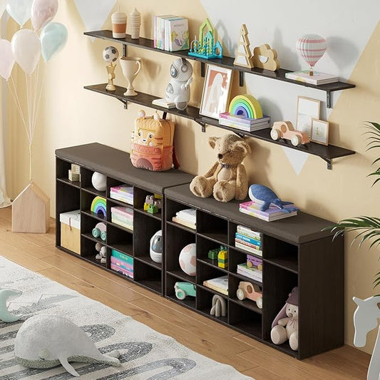 DINZI LVJ Shoe Storage Bench with Cushion, 16-Cubby Shoe Rack, Adjustable Shelves, Multifunctional Shoe Organizer Bench for Entryway, Mudroom, Hallway, Living Room, Bedroom and Garage, Espresso
