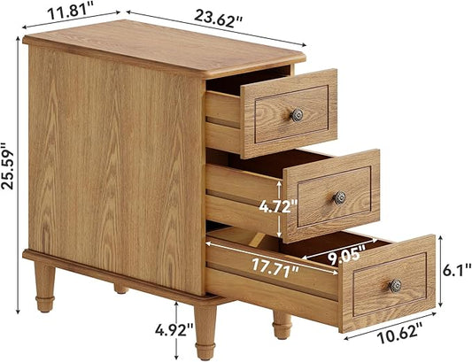 LITTLE TREE Fully Assembled End Table, Set of 2, Narrow Bedside Table with 3 Drawers, Vintage Nightstand for Small Spaces, Living Room, Bedroom, Natural Color