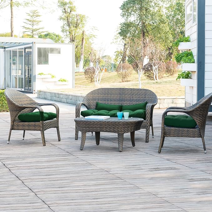 QILLOWAY Outdoor Patio Wicker Seat Cushions Group Loveseat/Two U-Shape/Two Lumbar Pillows for Patio Furniture,Wicker Loveseat,Bench,Porch,Settee of 5 (Mallard/Forest Green)