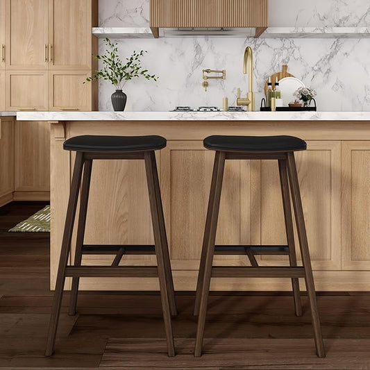 Plank+Beam Beryl Bar Height Stool - Mid-Century Modern Rubberwood Bar Stool with Faux Leather Seat, Metal Footrest, Easy Assembly, 2-Pack, Walnut/Black
