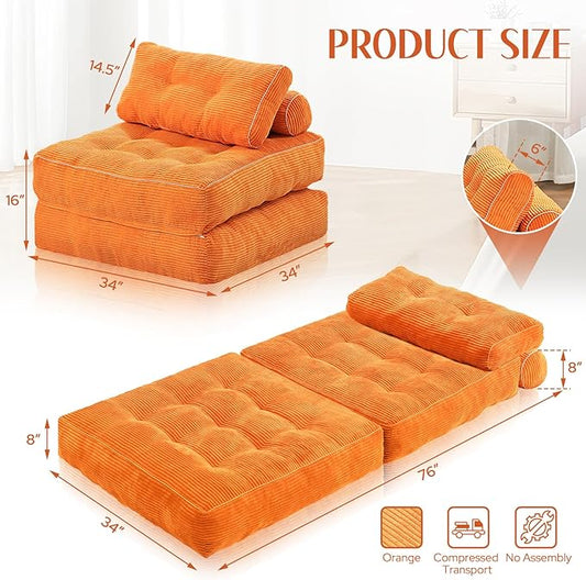HABUTWAY Folding Sofa Bed, Convertible Sleeper Chair Bed w/Dual-Pillow & Handle, Foldable Floor Sofa Lounge w/Back Support for Living Room, Bedroom, Apartment, Office, Single, Orange