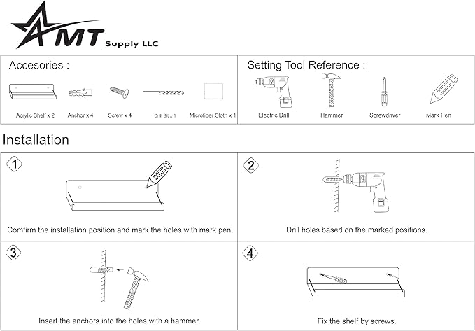 AMT 2 Pack Acrylic Floating Shelves, 15" L x 4.8" W, Clear Bathroom Wall Shelf, Bookshelves, Invisible Display for Office, Bedroom, Small Gap Allows Water to Escape, Free Screws & Drill Bit (Medium)