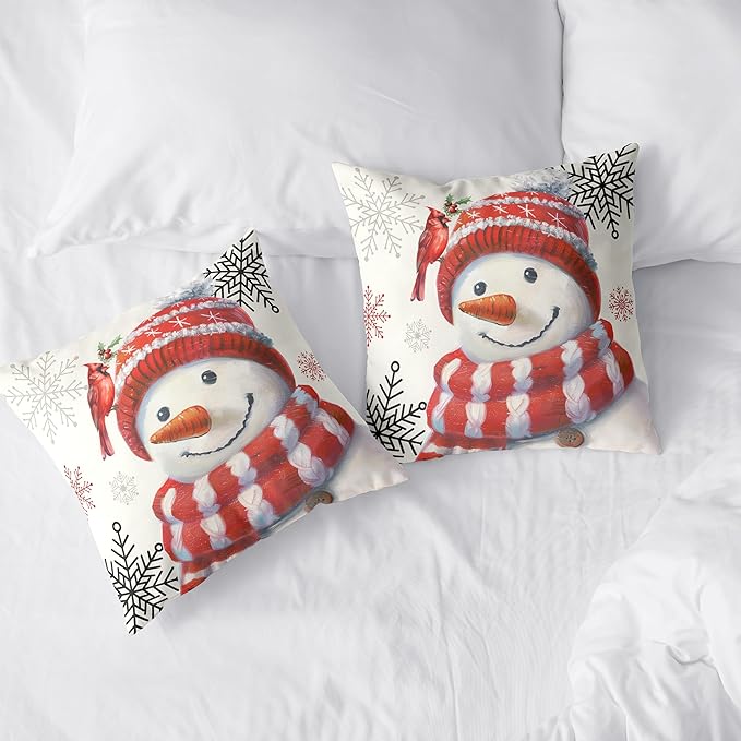 Snowman Pillow Covers 18x18 Set of 2 Christmas Winter Holiday Throw Pillow Covers Lovely Red Snowman with Cardinal Bird Snowflake Cushion Case for Living Room Bedroom Sofa