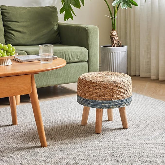 YMYNY Foot Stool Natural Seagrass Hand Weave, 12.6" Small Ottoman, Round Footrest for Living Room, Bedroom, Entryway, Change Shoes Stool, Non-Skid Wood Legs, Boho, Natural+Blue, UHBD027Q