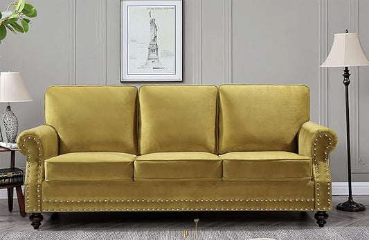 Container Furniture Direct Lotus Mid Century Modern Velvet Upholstered Living Room Rolled Arms, Chair, Loveseat and Sofa, Strong Yellow