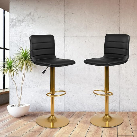 Flash Furniture Vincent Modern Black Vinyl Adjustable Bar Stool with Back, Counter Height Swivel Stool with Gold-Pedestal Base, Set of 2