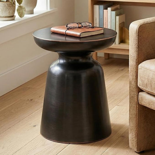 SIMPLIHOME Toby Metal Table - 17" Wide x 18" High Solid Iron Drum Accent Table in Antique Copper, Industrial Side or End Table for Living Room, Bedroom or Entryway with Sculptural Design, Assembled