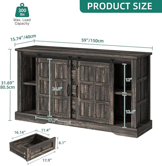 YITAHOME Farmhouse Buffet Cabinet with Storage, 59" Sideboard w/Sliding Barn Doors and 4 Drawers, Kitchen Cabinets for Living Room, Dark Rustic Oak