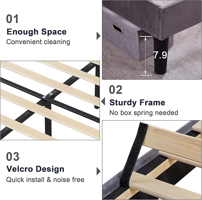 VECELO Full Size Bed Frame Premium Velvet Upholstered Platform with Height Adjustable Headboard/Mattress Foundation, Solid Wooden Slat Support, No Box Spring Needed/Easy Assembly