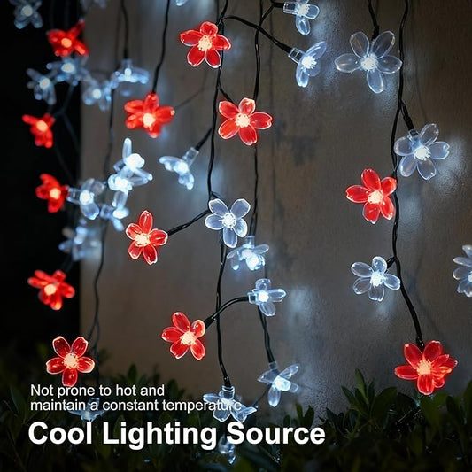 60 LED Solar String Lights Outdoor Waterproof Flower Fairy Lights for Garden Fence Patio Yard Christmas Tree Lawn Wedding Party Decor, Red and Pure White