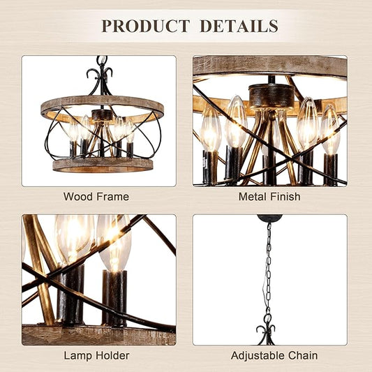 16“ Farmhouse Chandelier Light Fixture, 5-Light French Country Wood Chandelier Rustic Drum Light Fixture Over Table for Kitchen Island Dining Room Entryway