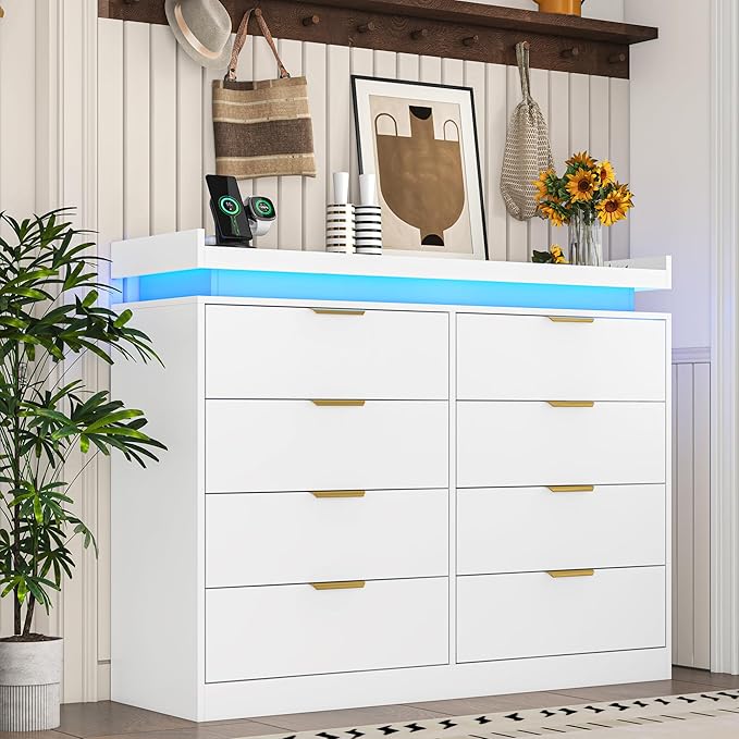 8 Drawer Dressers for Bedroom, White Dresser with LED Lights and Power Outlet, Wood LED Dresser, Double Wide Modern Chest of Drawers for Bedroom, Entryway, Hallway