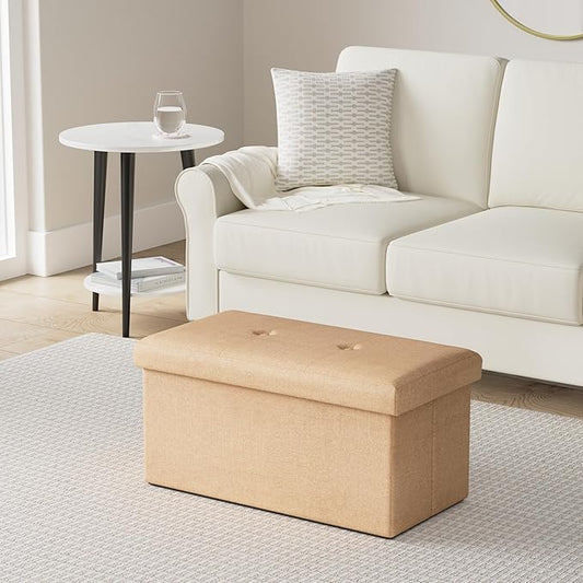 Simplify Faux Linen Folding Storage Ottoman | Double | Collapsible | Tufted Padded Seating | Foot Rest | Toy Box | Bench | Camel