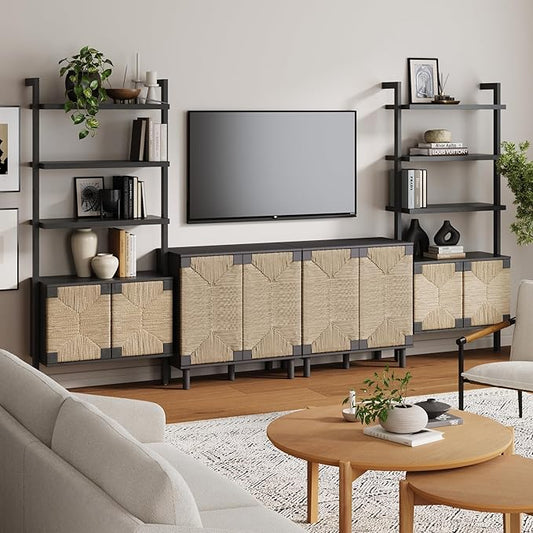 Nathan James Beacon Bohemian TV Stand, TV Wall Unit with Shelves and Accent Storage Cabinet with Solid Wood Legs and Seagrass Door Fronts, Black
