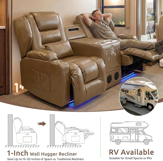 SAMERY Loveseat Recliner Sofa, Power Reclining Loveseat Sofa, Wall Hugger Recliners RV Couch with Console, Lift-Top Table, Rhythm & Ambient LED Lights, USB-C, Outlets, Faux Leather, Khaki | Extra Wide Seat, Plush Padding, Dual Power Recline, Lift-Up Ta...