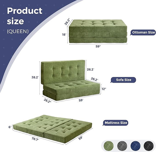MAXYOYO Tri-Fold Mattress, 6 Inch Tufted Folding Mattress with Chenille Fabric, Portable Queen Size Floor Guest Mat for Adults, Foldable Topper for Camping, Green
