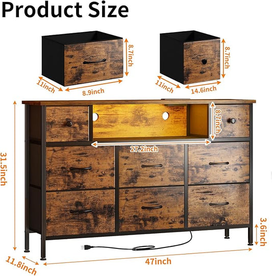 Fixwal TV Stand Dresser for Bedroom with Storage and LED Lights, Rustic Brown 55" TV Stand with 8 Drawers, Fabric Chest of Drawers with Wood Grain Finish for Entryway
