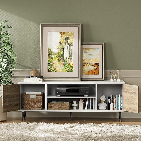 YESHOMY Modern TV Stand for 65" Television, Entertainment Center with Two Storage Cabinets and Open Shelves, Retro Style Media Console for Living Room, Bedroom, Office, 58 Inch, Light Beige