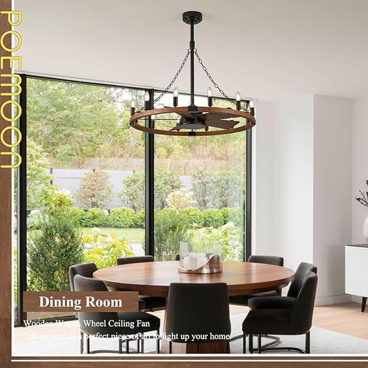 36in Wooden Wagon Wheel Chandelier Fans with Remote Control 12-Light Rustic Ceiling Fan Lights Farmhouse Bladeless Fandelier for Bedroom Dining Room Kitchen Living Room