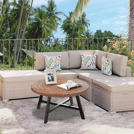 RANDEFURN Round Coffee Table, Seagrass Coffee Solid Pine Wood X Base Frame Cocktail Table, Easy Assembled, Multiple Sizes for Living Room, 32 x 17 Inches,Gold