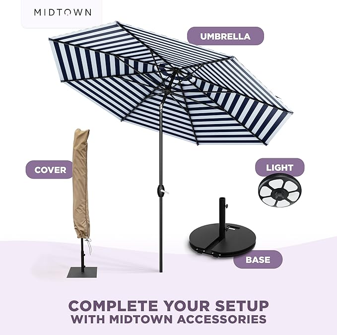 Midtown Umbrellas - 10-Year-No-Fade 8 Ft Patio Umbrella with Terylast Fabric, Auto-Tilt Aluminum Frame and 8 Reinforced Ribs for Deck, Pool, Garden & Beach - Navy/White Stripes Canopy, Black Pole