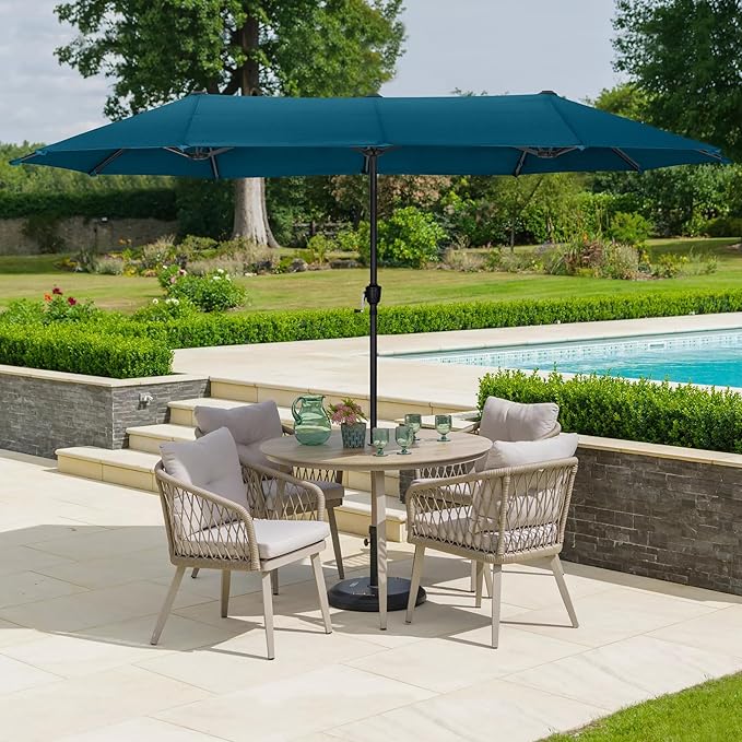 HERA'S PALACE 13 Ft Double-Sided Twin Patio Umbrella, Outdoor Double Sided Market Patio Umbrella with Crank, Powerful UV Protective (Cerulean)