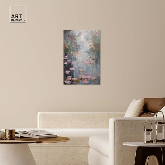Art Remedy Pink Impressionisty Lilypads Gallery Wrapped Impressionism 1 Piece Canvas Wall Art/Monet And Van Gogh Inspired Art, 24" x 36", Gallery Wrapped