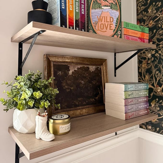 Kaboon 27 inch Long 10 inch Deep Floating Shelves for Wall Set of 2, Large Open Shelves Wall Mounted, Space Saving Home and Commercial Use, Oak/Grey Tone
