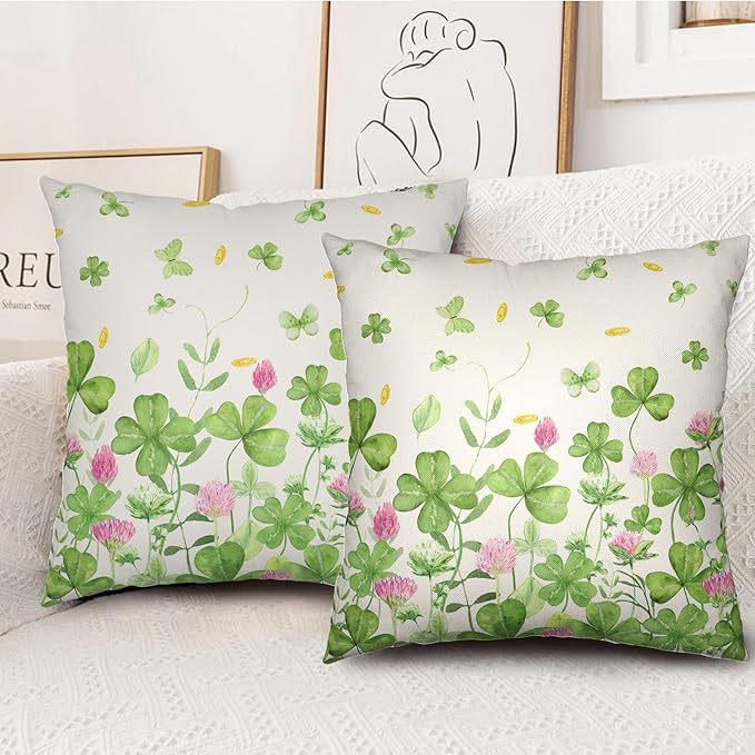 Green Shamrock St Patricks Day Pillow Covers 24x24 Set of 2 Watercolor Lucky Clovers Floral Pillow Cover Spring St. Patrick's Day Outdoor Decorative Pillow Case for Home Couch Sofa