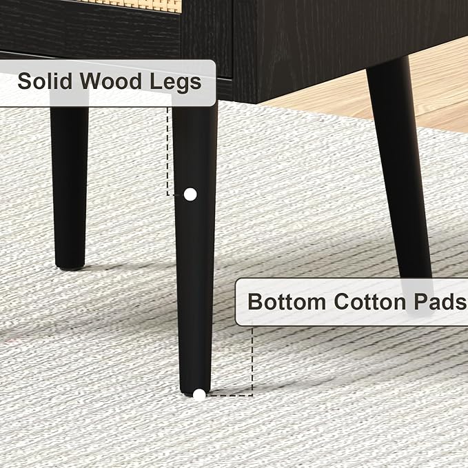 Night Stand Set 2, Nightstands Set of 2 with Charging Station, Rattan Side Tables with Solid Wood Legs, Boho Bedside End Table for Farmhouse Bedroom Dorm Small Space - Black