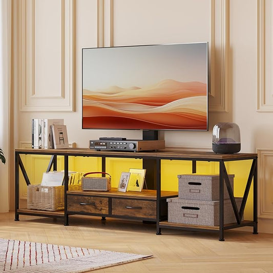 63" W TV Stand with Mount for 55,65,75" TV,Entertainment Center with Power Outlet&Led Lights,Height Adjustable TV Console Table with Open Storage Shelves&Fabric Drawers (Rustic Brown, 63“W)