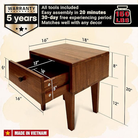 Acacia Sofia Nightstand with Drawer, Bedside Table, Solid Wood Bedside End Table with Drawer and Storage Space for Bedroom, Walnut